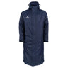 The Gilbert TTS Touchline Jacket by Gilbert is a long, navy blue waterproof coaches jacket featuring a hood, front snap buttons, and a white embroidered logo on the left chest—making this classic parka perfect both on and off the field.