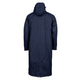 The Gilbert TTS Touchline Jacket by Gilbert is displayed from the back against a white background, showcasing its long, dark blue waterproof design.