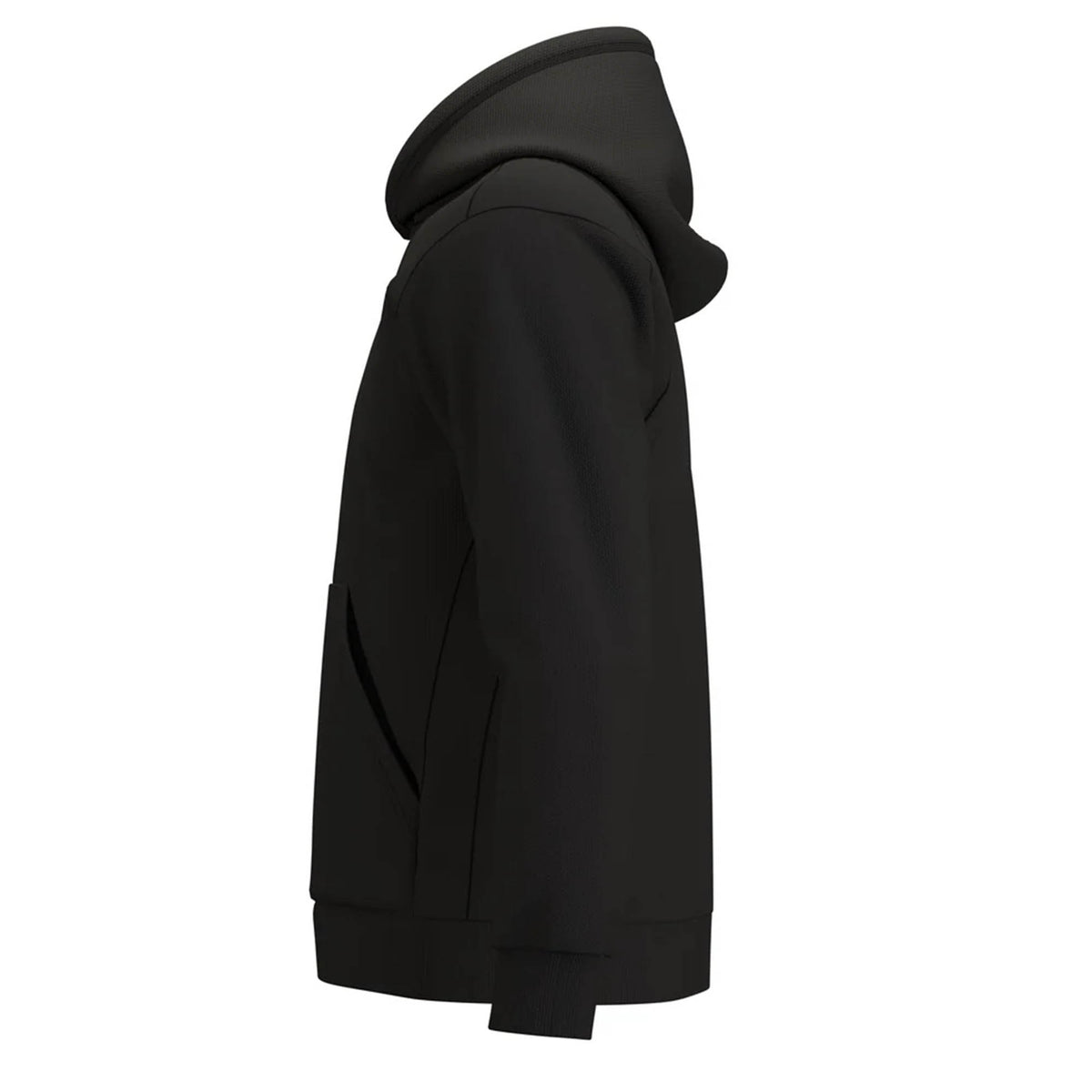 Side view of a black Gilbert Atom hoodie with a large hood and front pocket.