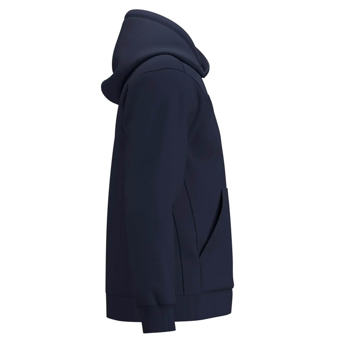 Side profile of a dark blue Gilbert Atom Hoodie featuring a front pocket.