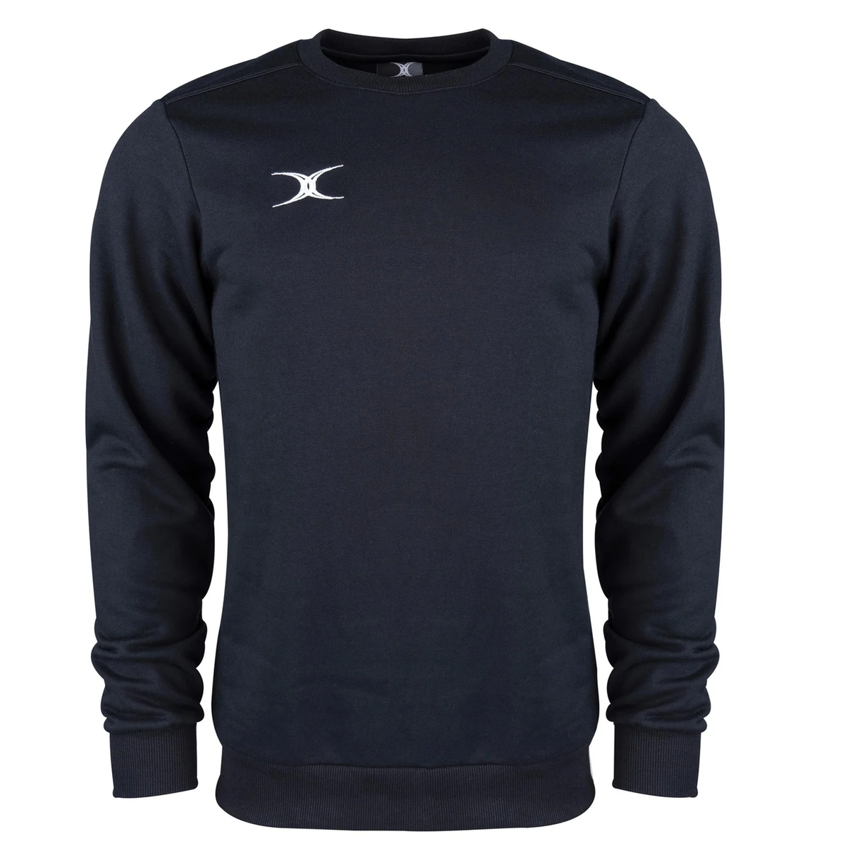 The Photon Sweatshirt by Gilbert features a plain black design, long sleeves, cozy fleece lining for warmth, and a small white logo on the left chest—ideal insulating wear for cooler weather.