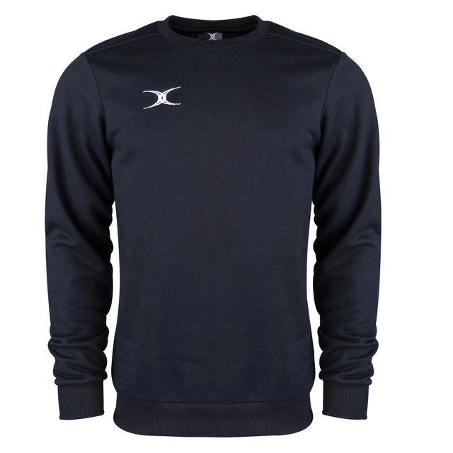 The Photon Sweatshirt by Gilbert features a plain black design, long sleeves, cozy fleece lining for warmth, and a small white logo on the left chest—ideal insulating wear for cooler weather.