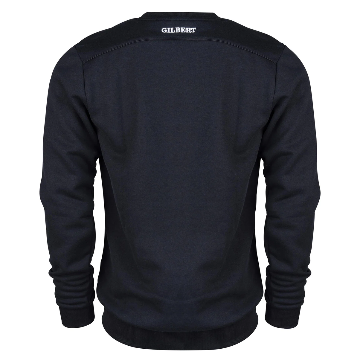 The Photon Sweatshirt by Gilbert is a black long-sleeve top, shown from the back with "GILBERT" in white near the neckline, offering ideal insulation for cooler days.