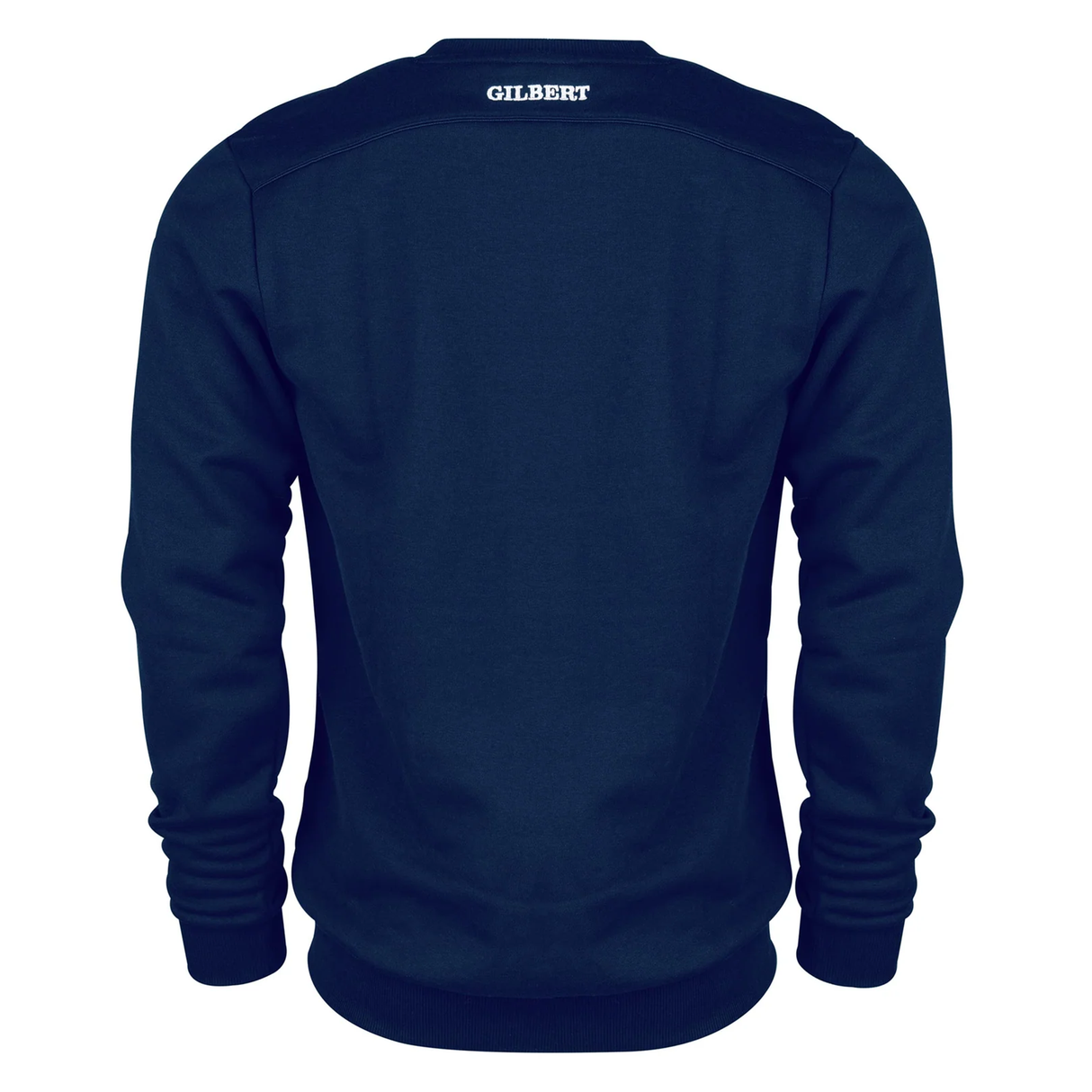 The Photon Sweatshirt by Gilbert in navy blue, shown from the back, displays "GILBERT" in white near the neckline and features a cozy fleece lining for extra comfort.