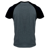 A short-sleeve, two-tone raglan Gilbert Rugby 200 Year Anniversary Leisure Shirt by Gilbert is shown from the back. The body is gray, and the sleeves are black.