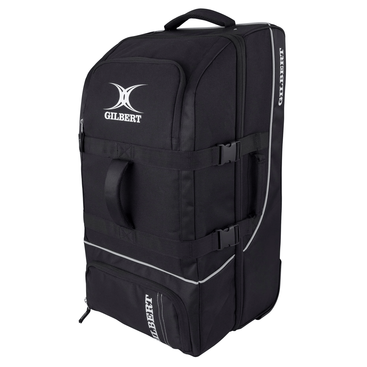 A high-quality hold-all, the Gilbert Club Tour Rugby Travel Bag in black features multiple zippered compartments, straps, and logo branding on the front and side—perfect for all your needs.