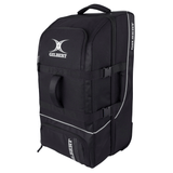 A high-quality hold-all, the Gilbert Club Tour Rugby Travel Bag in black features multiple zippered compartments, straps, and logo branding on the front and side—perfect for all your needs.
