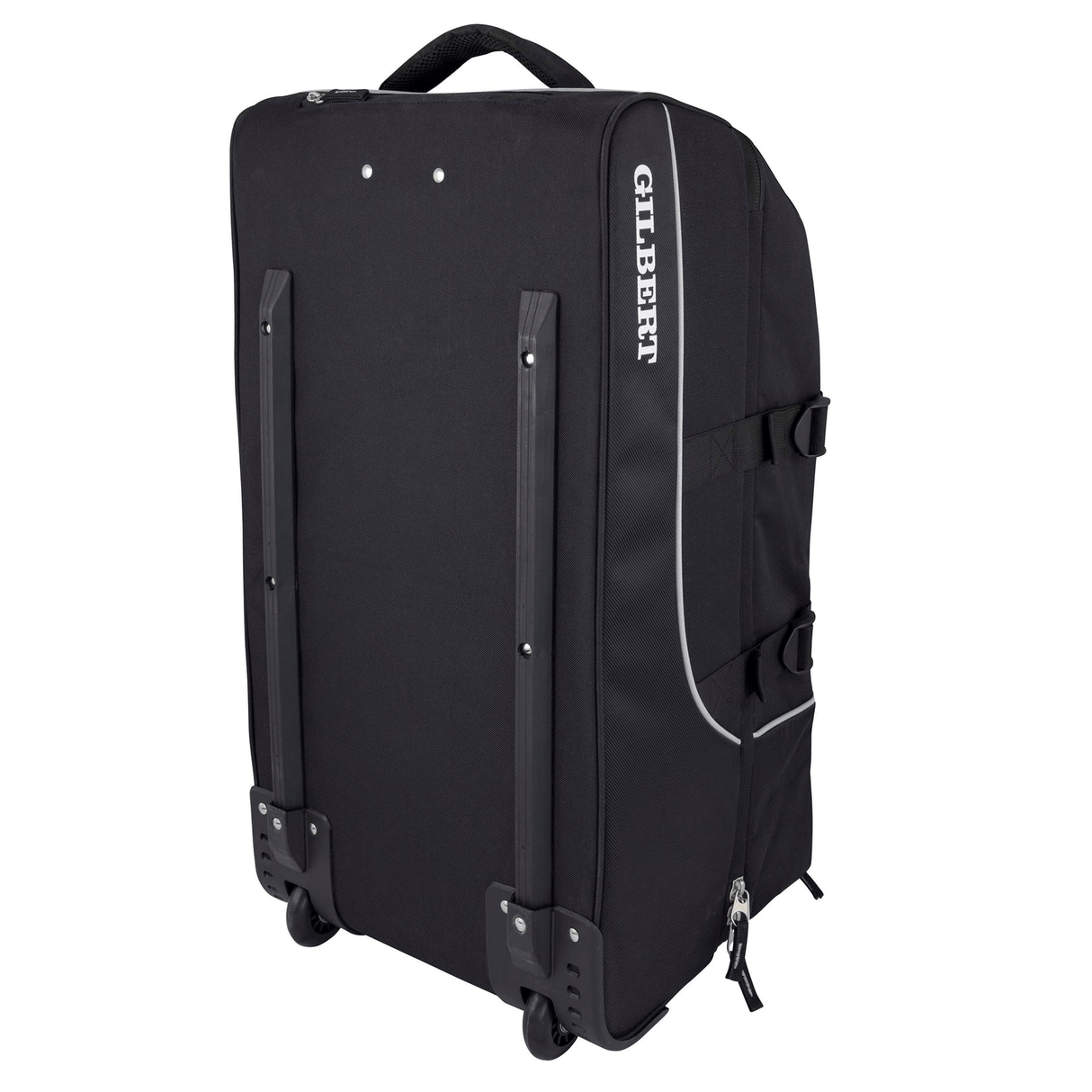 A large black rolling suitcase with the brand name "Gilbert" printed on the side. Known as a high-quality hold-all, it has two wheels, a handle on top, and multiple straps and buckles for securing the contents. Perfectly designed to meet your Rugby Travel Bag needs, it is called the Gilbert Club Tour Rugby Travel Bag.