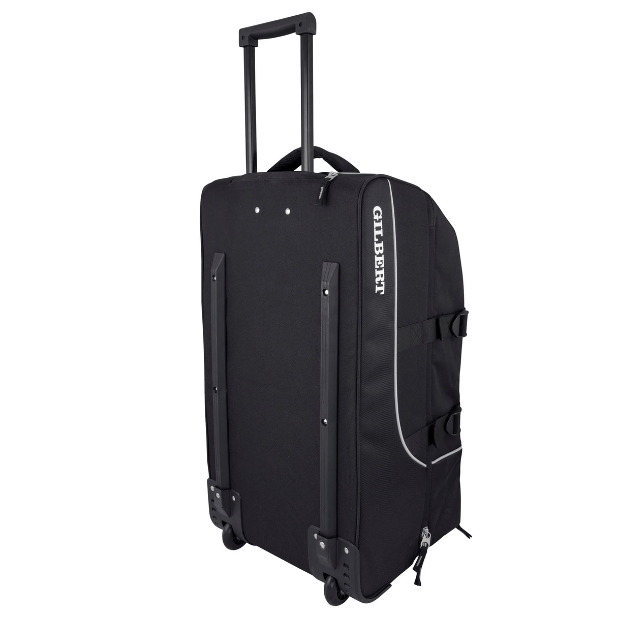 A black rolling suitcase branded "Gilbert," known as the Gilbert Club Tour Rugby Travel Bag. This high-quality hold-all features two wheels and an extended telescopic handle, perfect for your next club tour or rugby travel adventure.