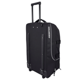 A black rolling suitcase branded "Gilbert," known as the Gilbert Club Tour Rugby Travel Bag. This high-quality hold-all features two wheels and an extended telescopic handle, perfect for your next club tour or rugby travel adventure.