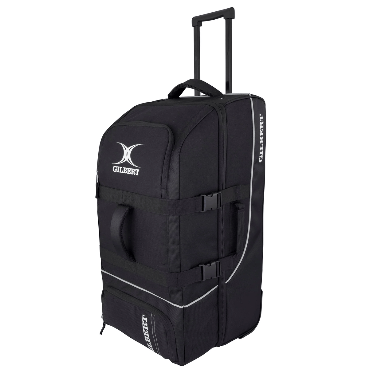 A black Gilbert Club Tour Rugby Travel Bag with multiple compartments, a telescopic handle, and adjustable straps.
