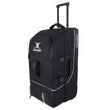 A black Gilbert Club Tour Rugby Travel Bag with multiple compartments, a telescopic handle, and adjustable straps.