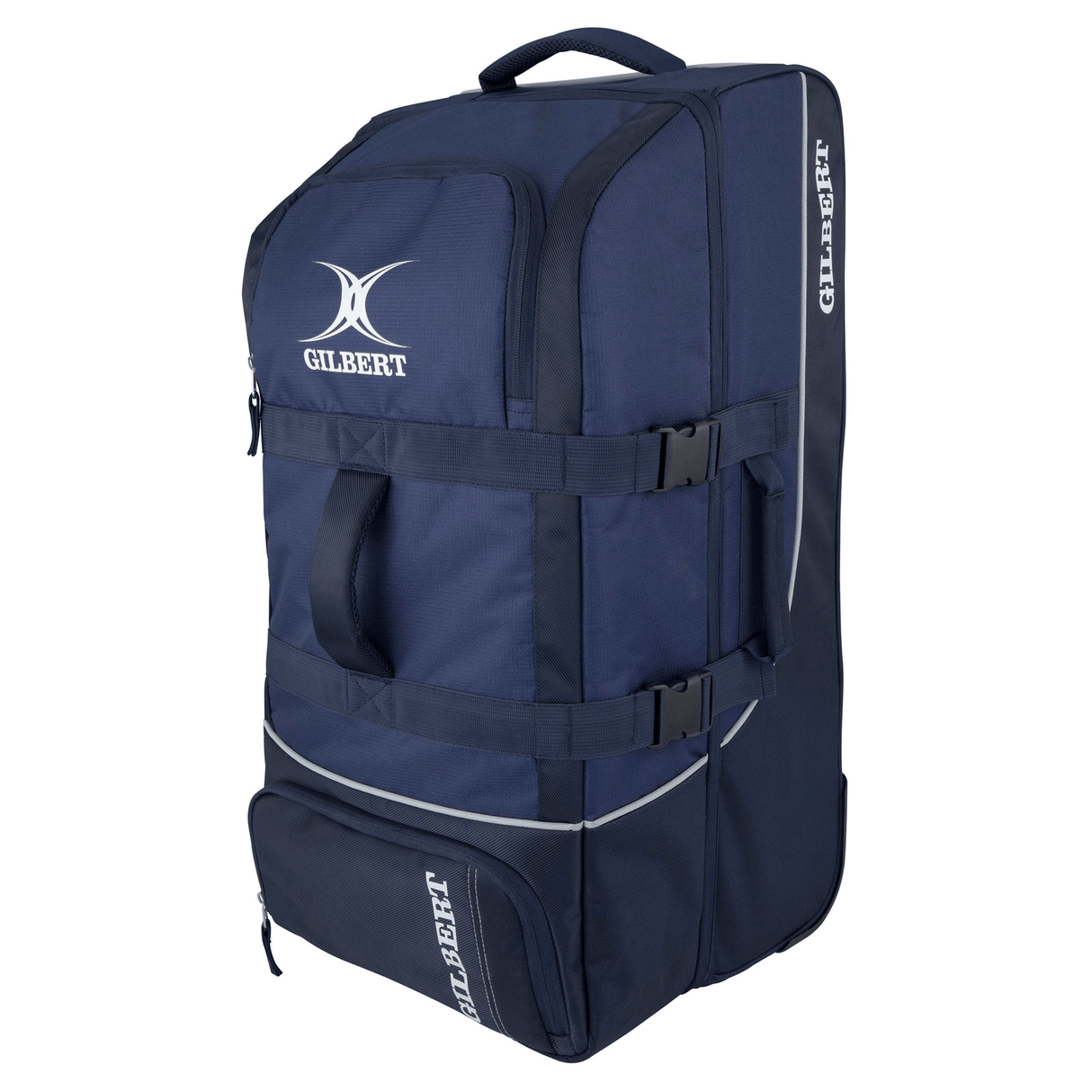 A large blue Gilbert Club Tour Rugby Travel Bag with the brand name "Gilbert" printed in white on the top and sides. This premium travel hold-all features multiple compartments, zippers, and adjustable straps.