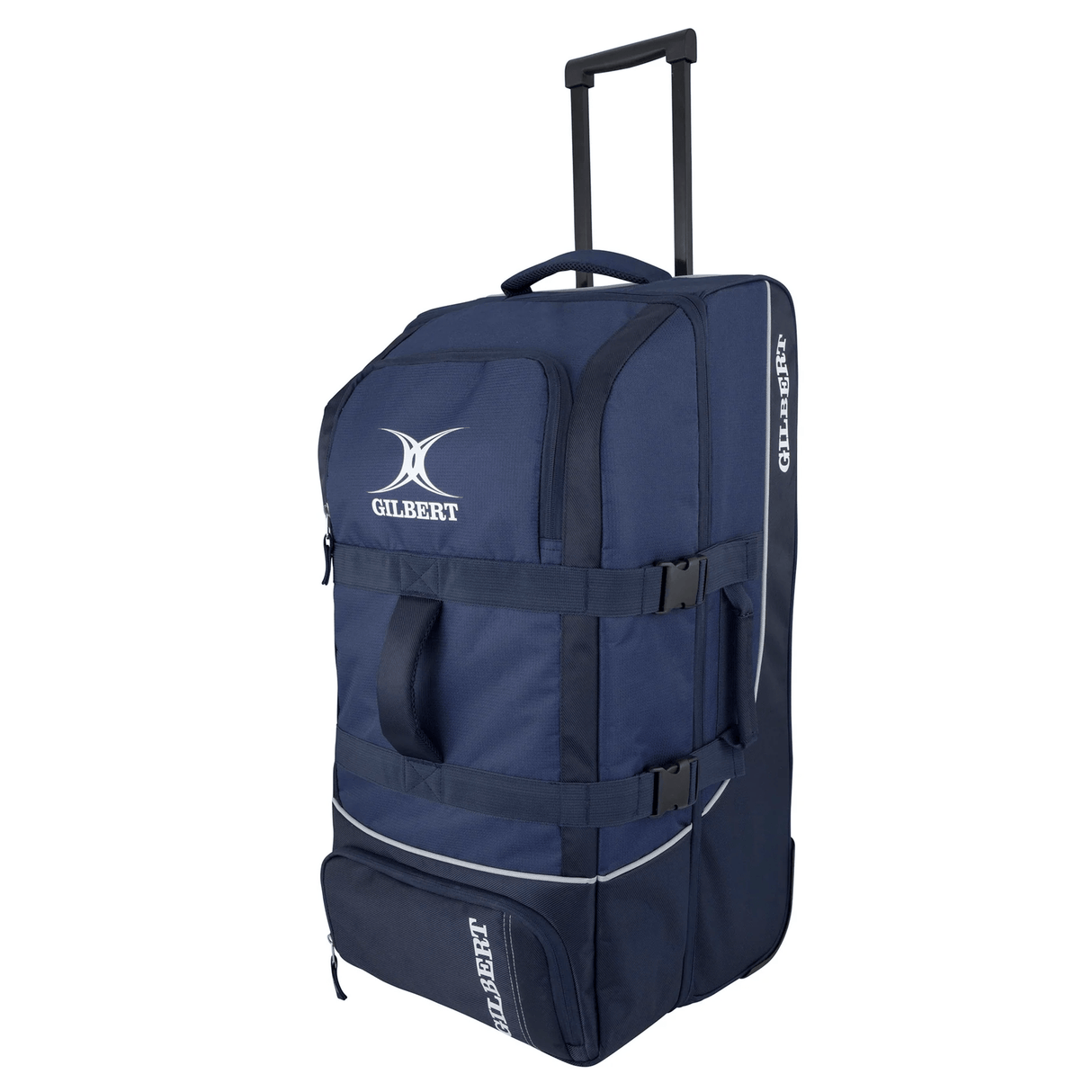 The Gilbert Club Tour Rugby Travel Bag, a blue rolling duffel, prominently features the 'Gilbert' brand on the front and side. It boasts a telescopic handle, multiple compartments, and two straps for added security—perfect as a premium travel hold-all for your next adventure.