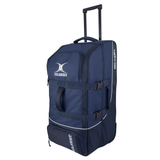 The Gilbert Club Tour Rugby Travel Bag, a blue rolling duffel, prominently features the 'Gilbert' brand on the front and side. It boasts a telescopic handle, multiple compartments, and two straps for added security—perfect as a premium travel hold-all for your next adventure.