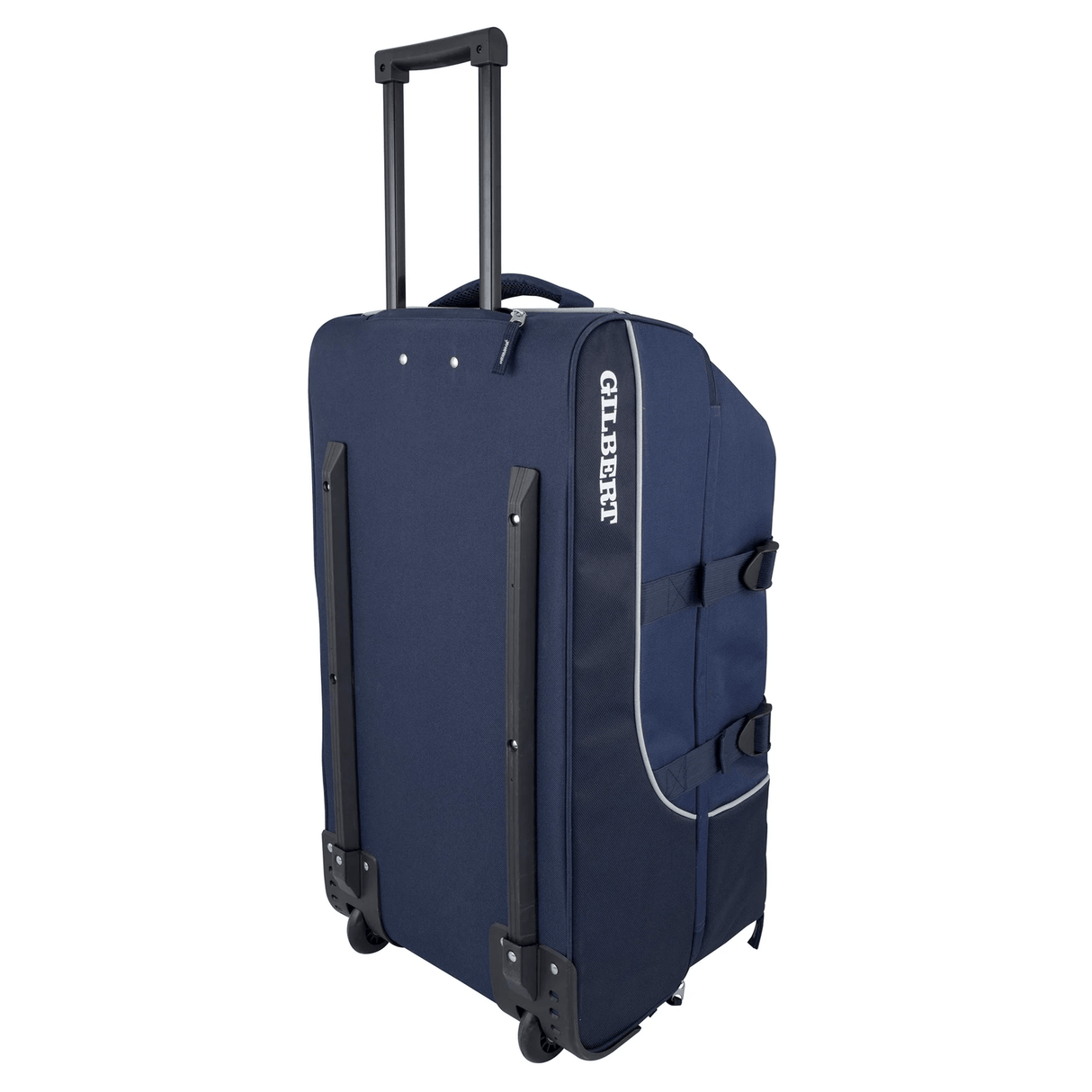 A Gilbert Club Tour Rugby Travel Bag in navy blue, featuring an extended handle, "GILBERT" printed on the side in white, two wheels, and protective side rails.