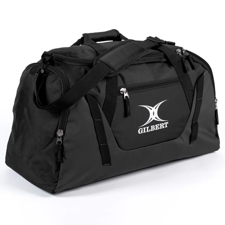 The Gilbert Club Player Holdall Duffle Bag by Gilbert features a shoulder strap, zippered compartments, and the classic Gilbert logo on the front pocket—ideal for transporting your rugby gear.