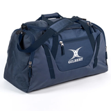 The Gilbert Club Player Holdall Duffle Bag by Gilbert features multiple zippered compartments, an adjustable shoulder strap, and a front pocket with the Gilbert logo—ideal for use as a rugby kit bag.