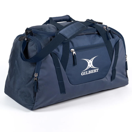 The Gilbert Club Player Holdall Duffle Bag by Gilbert features multiple zippered compartments, an adjustable shoulder strap, and a front pocket with the Gilbert logo—ideal for use as a rugby kit bag.