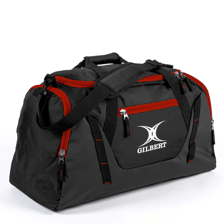 The Gilbert Club Player V4 Holdall Duffle Bag features black and gray colors, red zippers, a shoulder strap, and the "GILBERT" logo on the front—ideal as a rugby kit bag for carrying all your essentials.
