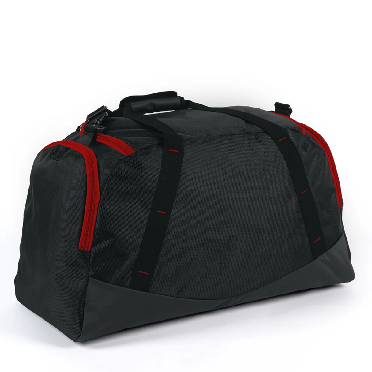 The Gilbert Club Player V4 Holdall Duffle Bag, a black rugby kit bag with red zippers and handles, is displayed on a white background.