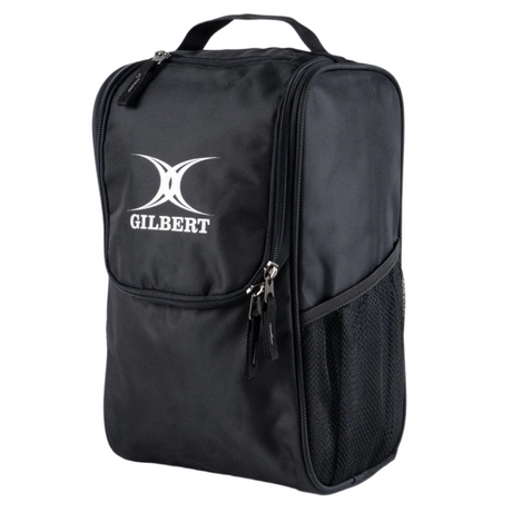 The Gilbert Club Boot Bag by Gilbert is a black rugby boot bag made from durable diamond ripstop fabric, featuring a PU finish, handle, side mesh pocket, and front zip compartment, shown upright against a white background.