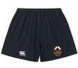 The EMB Canterbury Battleship Rugby Club 50th Anniversary Yokohama Short features a black design, club logo on the lower right leg, and lightweight, durable fabric for a secure fit.