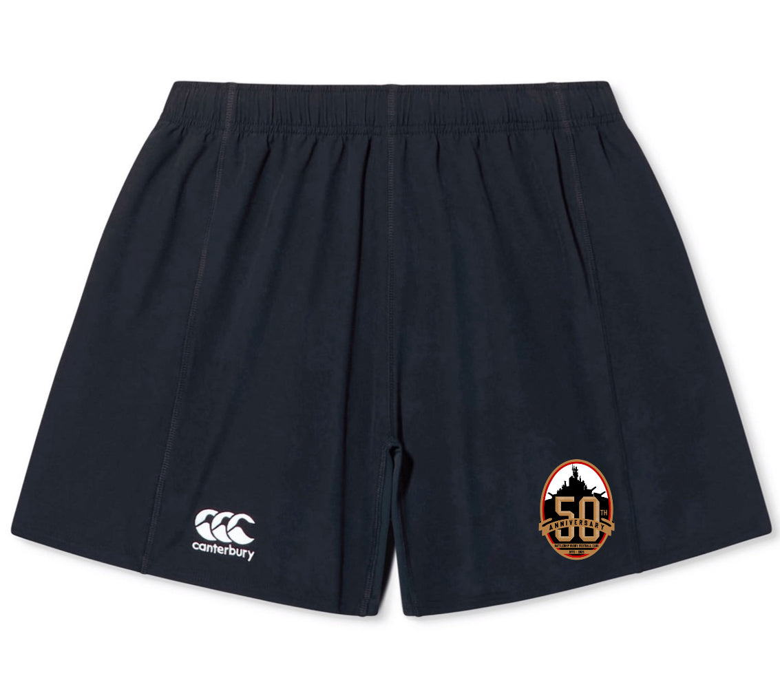 The EMB Canterbury Battleship Rugby Club 50th Anniversary Yokohama Short features a black design, club logo on the lower right leg, and lightweight, durable fabric for a secure fit.