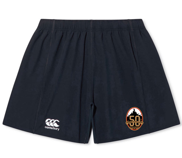 The EMB Canterbury Battleship Rugby Club 50th Anniversary Yokohama Short features a black design, club logo on the lower right leg, and lightweight, durable fabric for a secure fit.