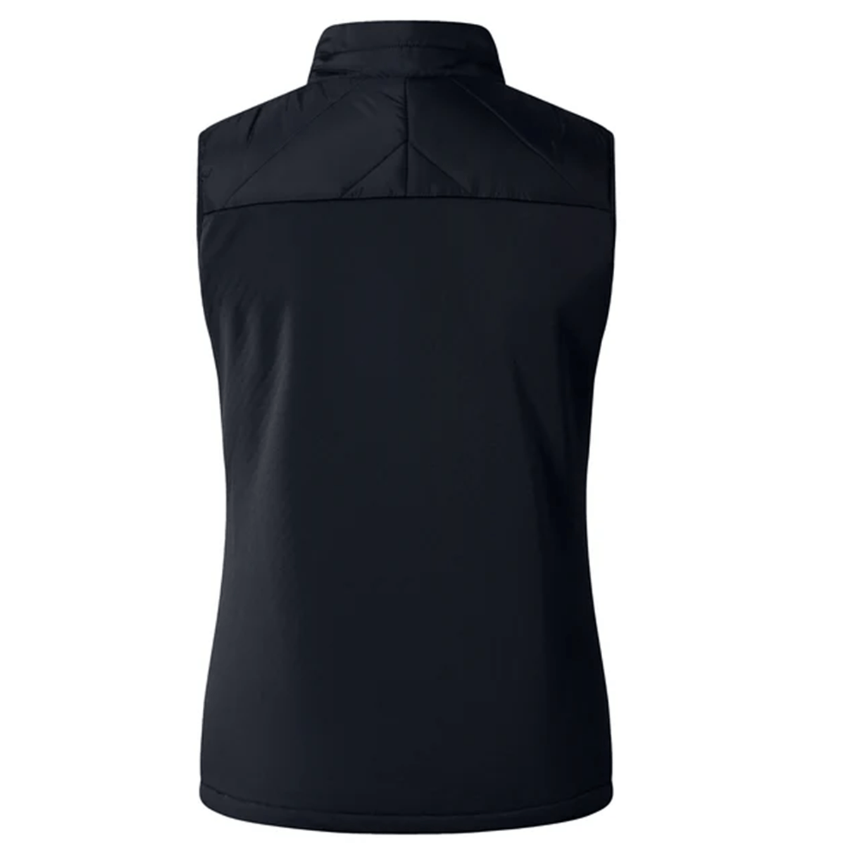 Back view of a Women's Canterbury Elite Microlite Gilet, a black vest with a high collar and minimalist design, featuring insulated baffles for optimal Thermoreg performance.
