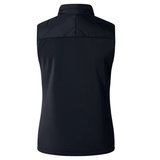 Back view of a Women's Canterbury Elite Microlite Gilet, a black vest with a high collar and minimalist design, featuring insulated baffles for optimal Thermoreg performance.