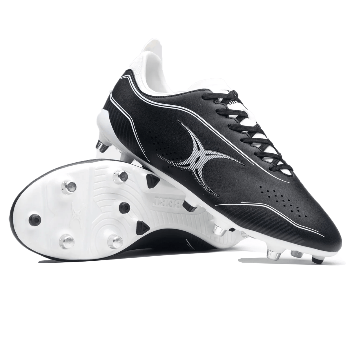 The Gilbert Cage Torq 6S SG cleats in black and white, featuring a star design and metal studs, are designed for speed and performance.