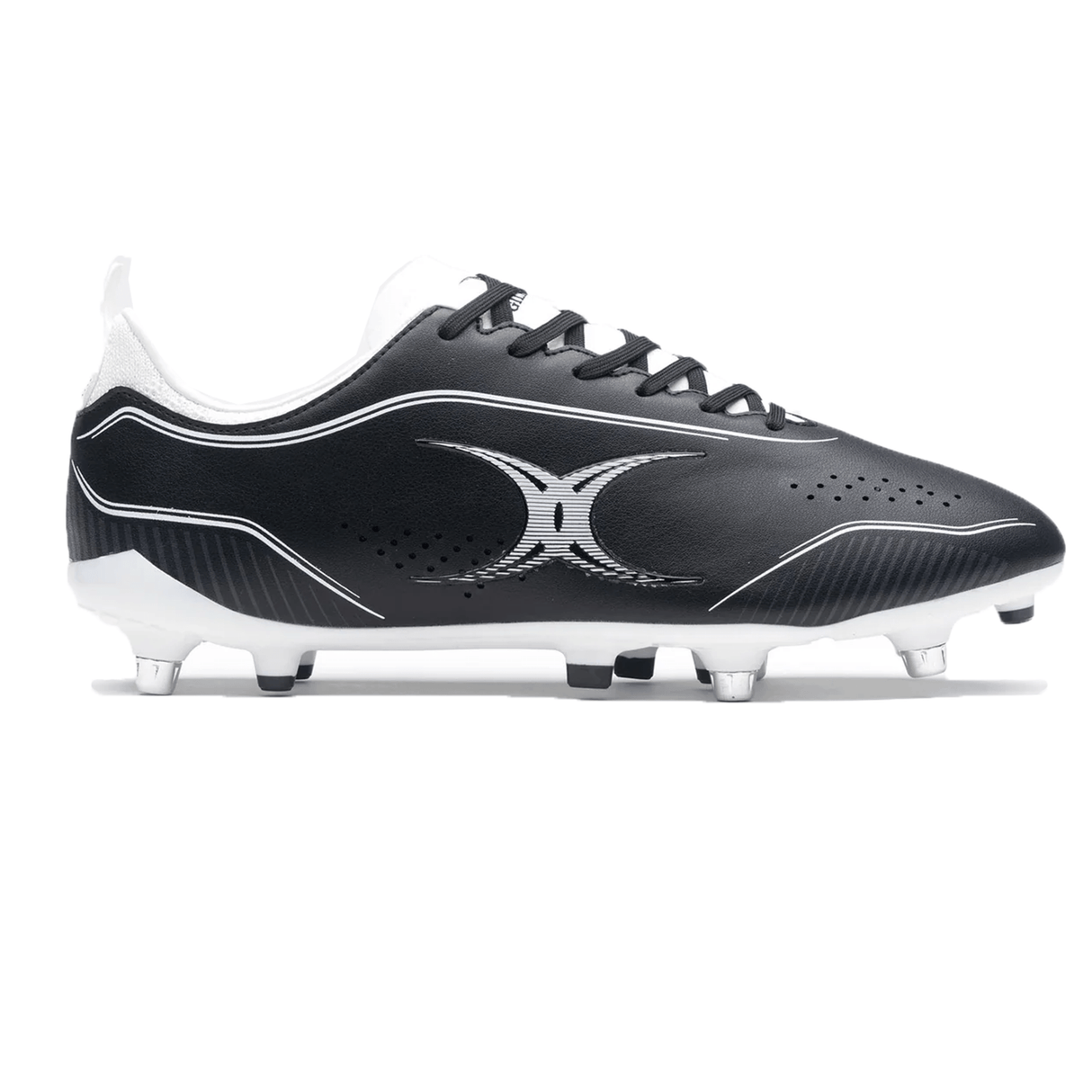 The Gilbert Cage Torq 6S SG - Black/White soccer cleat by Gilbert is designed for speed and performance, featuring silver accents and metal studs to boost agility on the field.