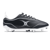 The Gilbert Cage Torq 6S SG - Black/White soccer cleat by Gilbert is designed for speed and performance, featuring silver accents and metal studs to boost agility on the field.