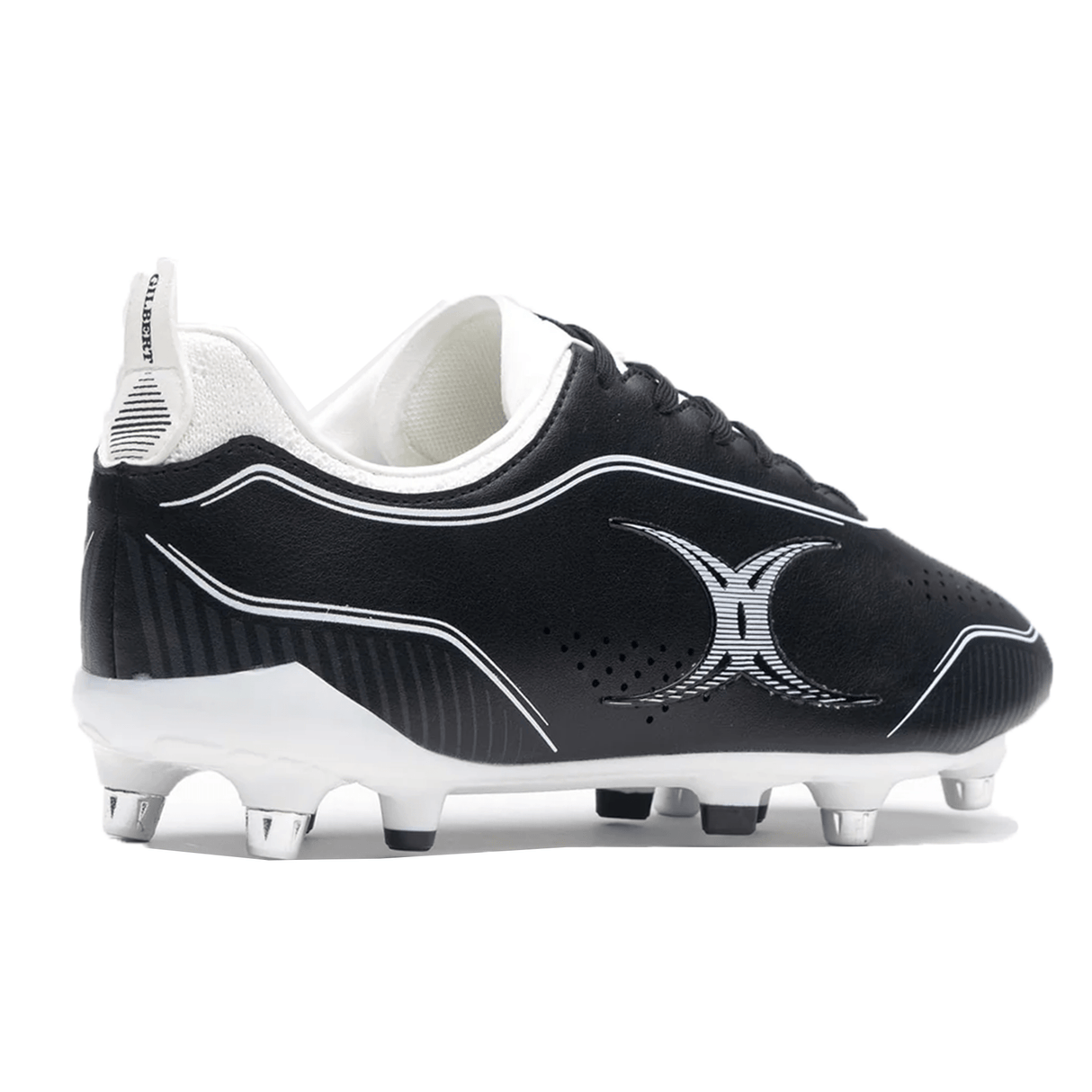 The Gilbert Cage Torq 6S SG Black/White is a soccer cleat designed for speed and performance, featuring metal studs and abstract white side designs.