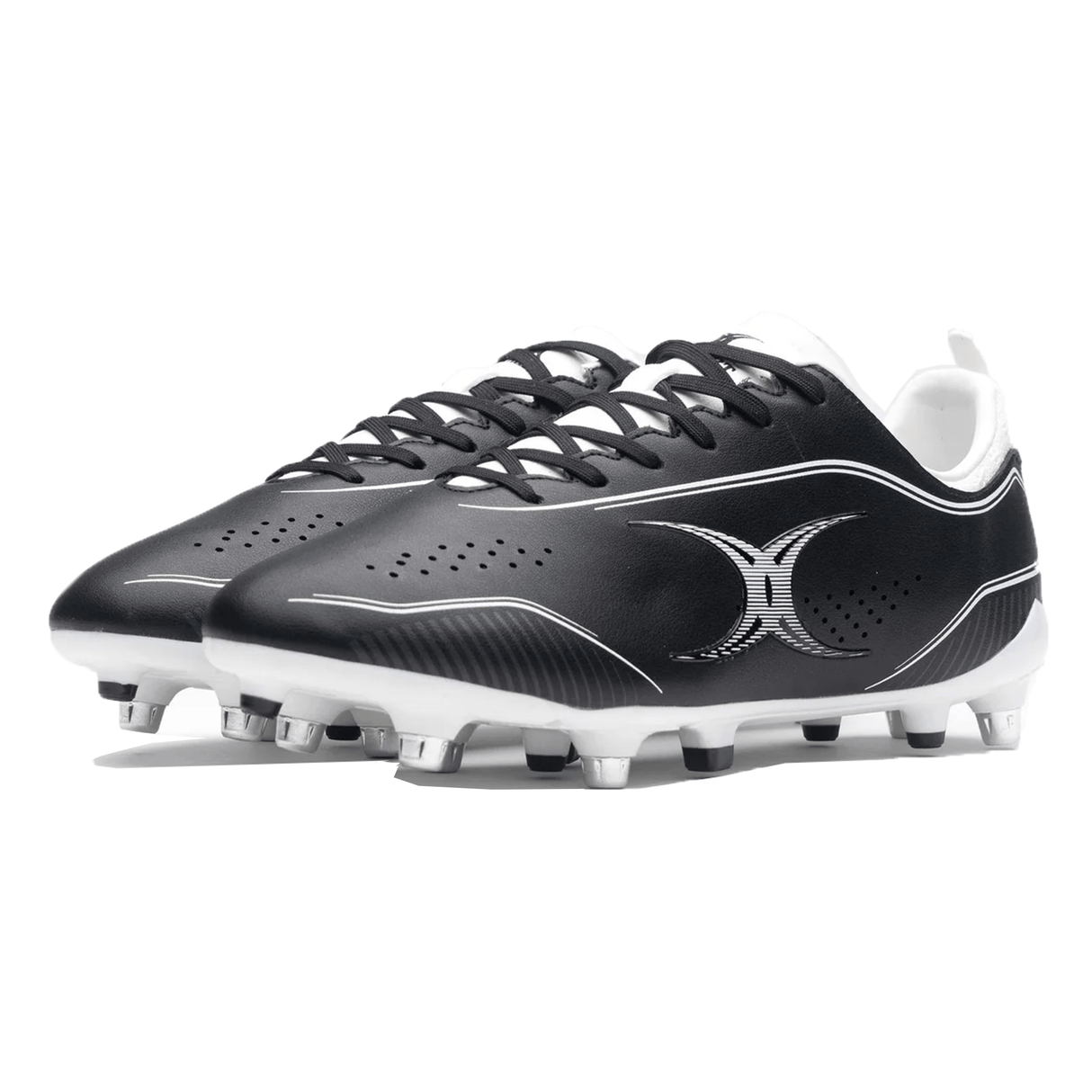 The Gilbert Cage Torq 6S SG Black/White cleats feature a lace-up design and studded sole, crafted for speed and performance.