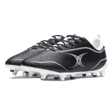 The Gilbert Cage Torq 6S SG Black/White cleats feature a lace-up design and studded sole, crafted for speed and performance.