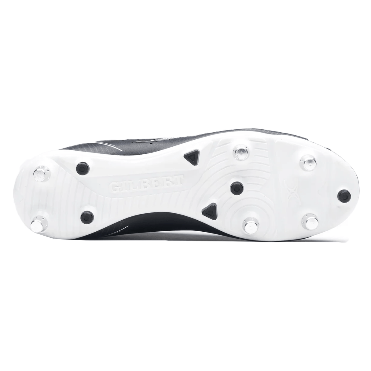 The Gilbert Cage Torq 6S SG in Black/White features a sole with metal cleats and textured tread, emphasizing the "Gilbert" brand. Designed for rugby, it enhances speed, agility, and performance on the field.