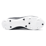 The Gilbert Cage Torq 6S SG in Black/White features a sole with metal cleats and textured tread, emphasizing the "Gilbert" brand. Designed for rugby, it enhances speed, agility, and performance on the field.