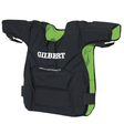 Introducing the Contact Top by Gilbert: a black and green padded rugby tackle suit with shoulder pads and "Gilbert" in white text. Perfect for intense games, it ensures you stay protected on the field.