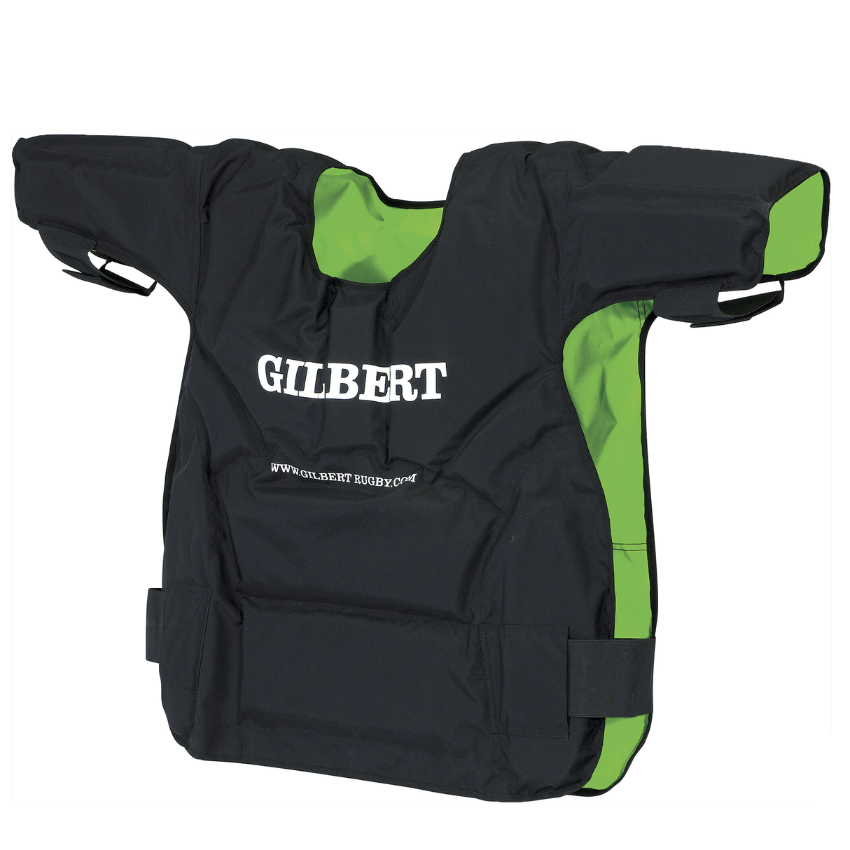 Introducing the Contact Top by Gilbert: a black and green padded rugby tackle suit with shoulder pads and "Gilbert" in white text. Perfect for intense games, it ensures you stay protected on the field.