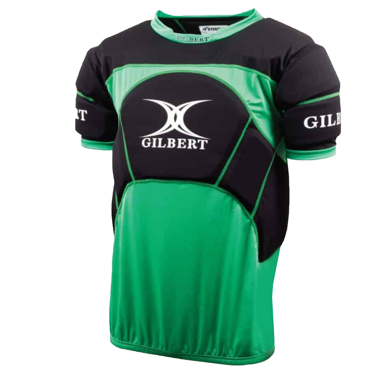 The Gilbert Contact Top Pro is a green and black short-sleeve rugby top with padding for extra protection and the Gilbert logo on the front and sleeves.
