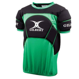 The Gilbert Contact Top Pro is a green and black short-sleeve rugby top with padding for extra protection and the Gilbert logo on the front and sleeves.