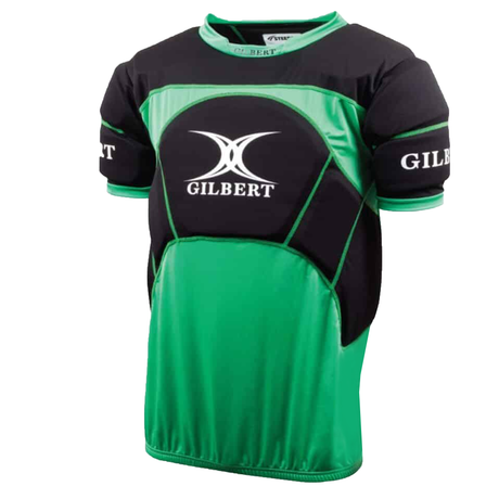The Gilbert Contact Top Pro is a green and black short-sleeve rugby top with padding for extra protection and the Gilbert logo on the front and sleeves.