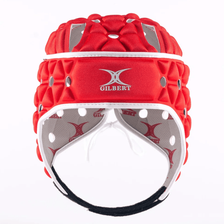 Front view of the red and white Gilbert Air headguard with Gilbert logo and black chin strap.