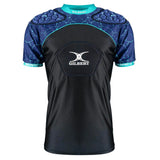 Experience the Gilbert Atomic V3 Body Armour: a short-sleeved, black and blue padded rugby shirt with teal accents and the iconic Gilbert logo on the chest and collar. Designed as a lightweight protection layer, this moisture-wicking rugby shirt keeps you comfortable while delivering essential body armour for even the toughest matches.