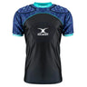 Experience the Gilbert Atomic V3 Body Armour: a short-sleeved, black and blue padded rugby shirt with teal accents and the iconic Gilbert logo on the chest and collar. Designed as a lightweight protection layer, this moisture-wicking rugby shirt keeps you comfortable while delivering essential body armour for even the toughest matches.
