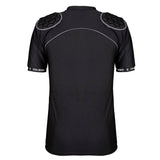 Black short-sleeve Gilbert Atomic V3 Body Armour shirt with padded shoulders and white piping details, shown from the back. Designed as a lightweight, moisture-wicking rugby protection layer, this shirt features the "Gilbert" logo on the sleeves.