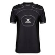 Introducing the Gilbert Atomic V3 Body Armour—a black short-sleeve rugby shirt with padded shoulders and chest, featuring distinctive Gilbert branding on the chest and sleeves. Designed for lightweight rugby protection, this moisture-wicking body armour delivers a comfortable fit alongside durable coverage, making it ideal for intense matches or rigorous training sessions.