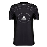 Introducing the Gilbert Atomic V3 Body Armour—a black short-sleeve rugby shirt with padded shoulders and chest, featuring distinctive Gilbert branding on the chest and sleeves. Designed for lightweight rugby protection, this moisture-wicking body armour delivers a comfortable fit alongside durable coverage, making it ideal for intense matches or rigorous training sessions.
